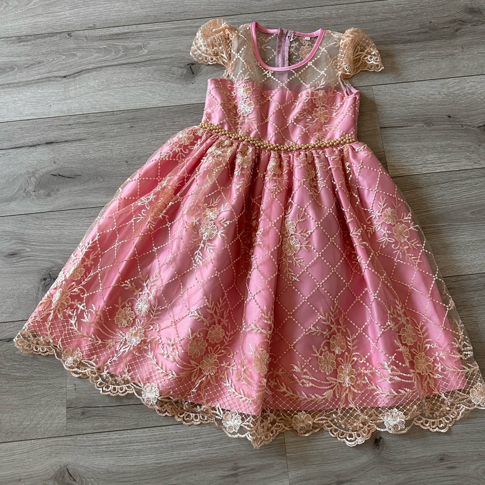Girls Pink and Gold Lace Dress